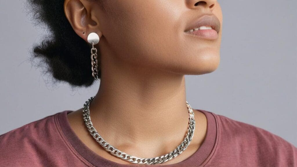 Close-up of woman wearing chunky silver chain necklace and drop earrings, styled with a casual crew neck top