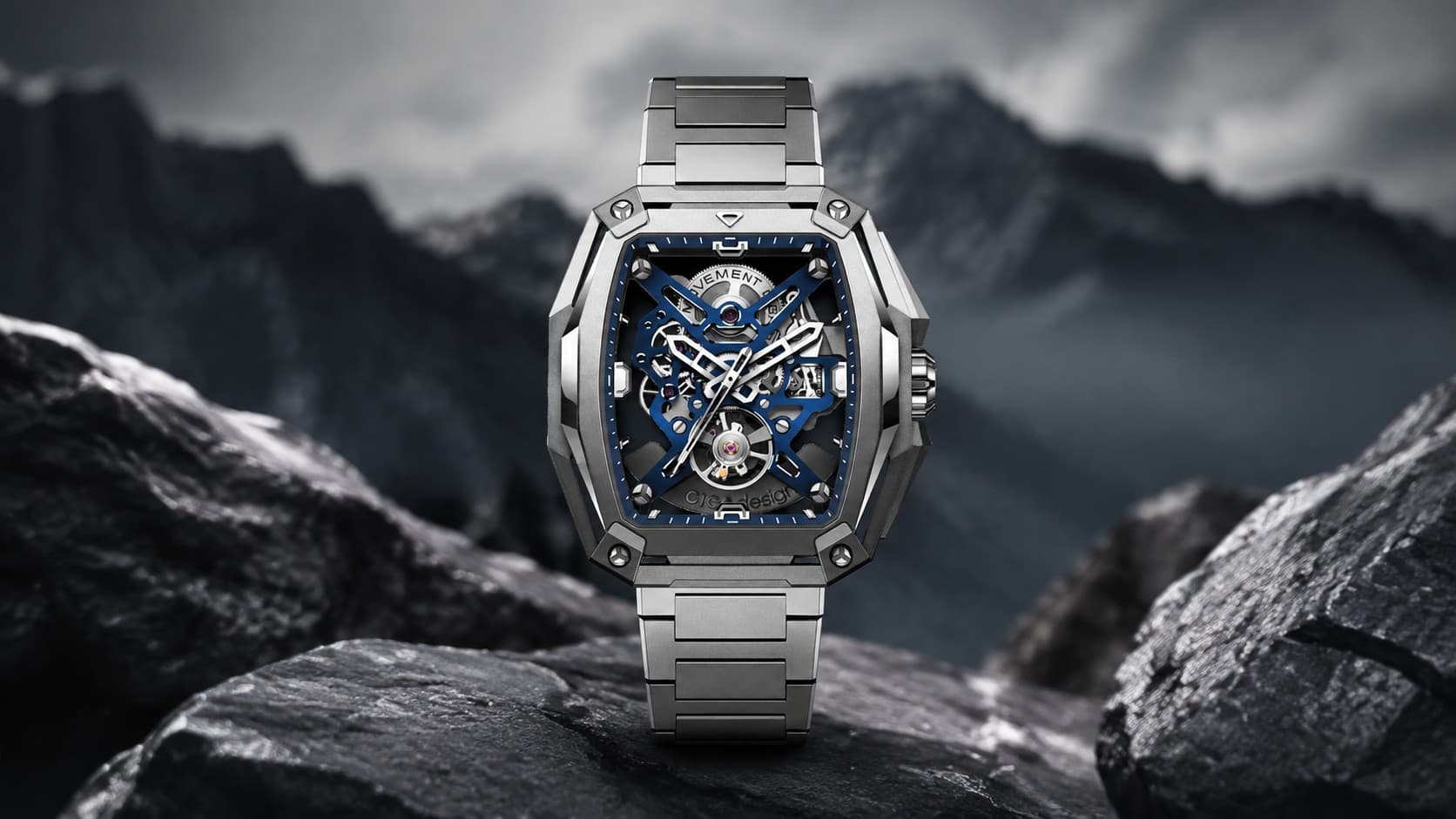 CIGA Design Hunter Titanium skeleton automatic watch on a mountain rock backdrop