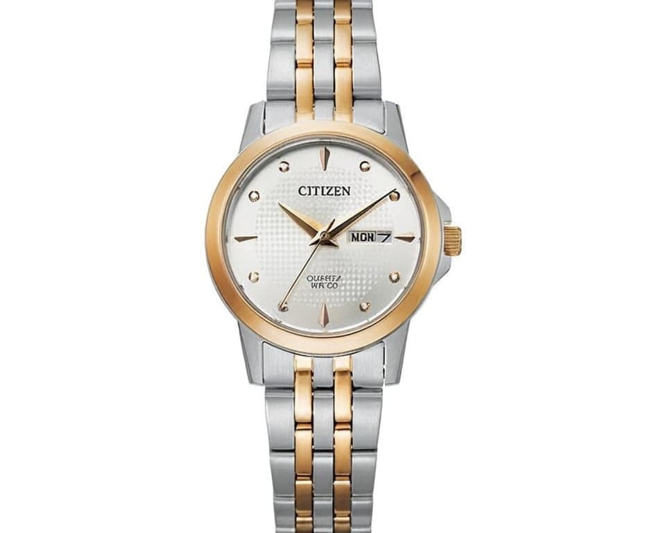 Classic Citizen dress watch featuring two-tone gold and silver bracelet, white dial with day-date display, perfect for business and formal occasions
