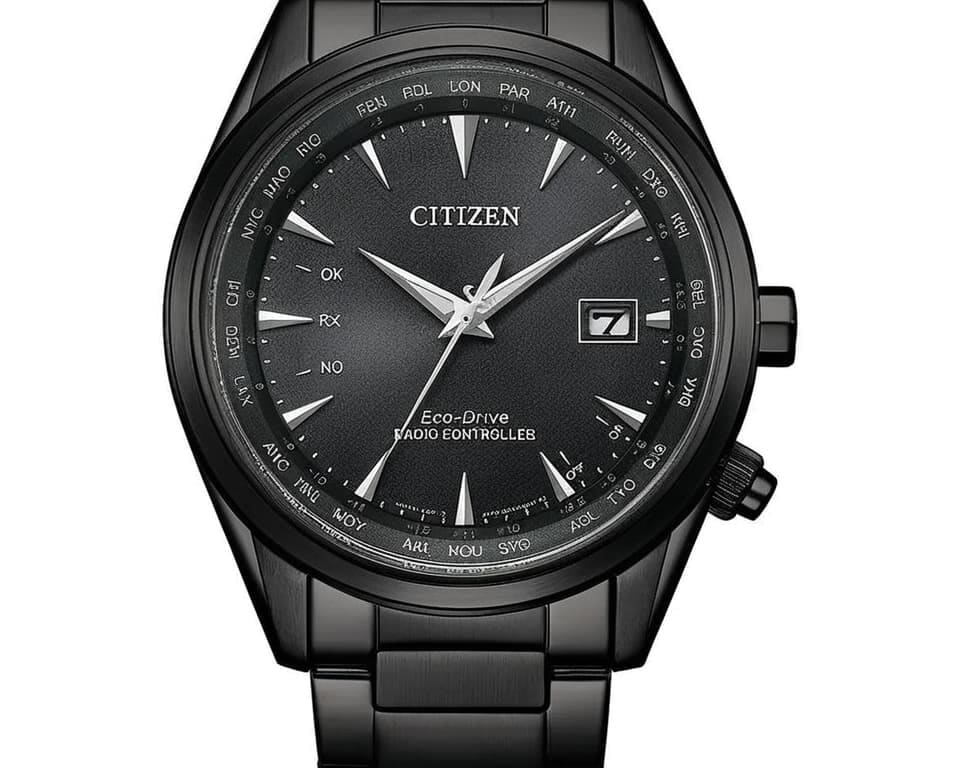 Citizen Eco-Drive world time watch with black dial showing city abbreviations around outer ring for multiple time zone display