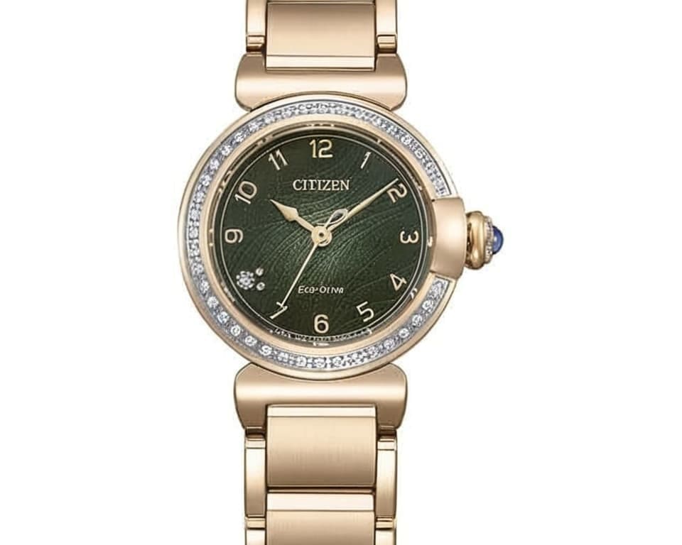Citizen Eco-Drive women's watch in rose gold with green dial and diamond bezel