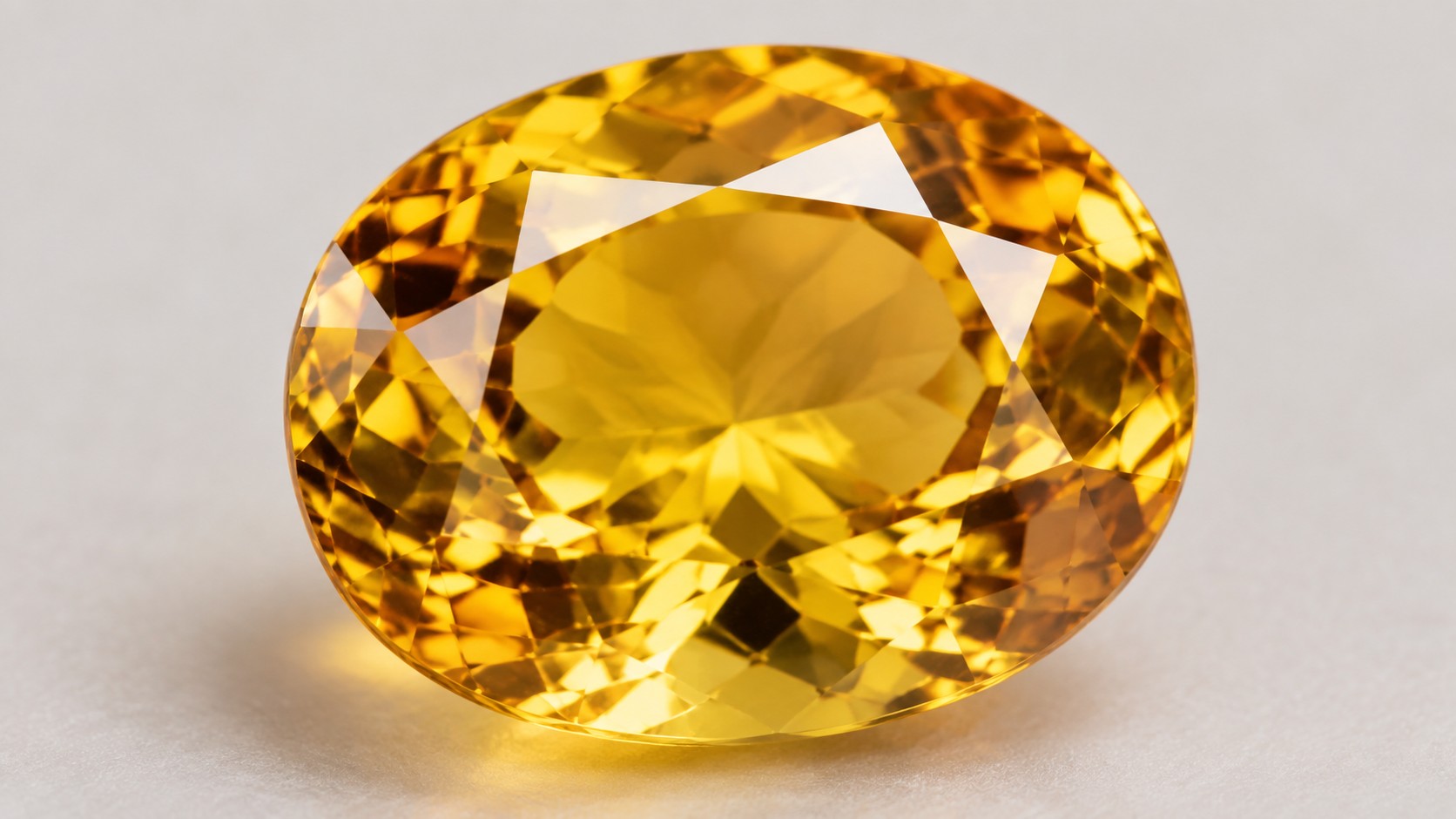 Faceted golden-yellow citrine gemstone on a neutral background