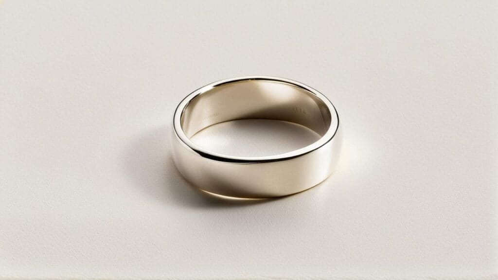 Smooth and polished 900 silver wedding band with minimalist design, emphasizing durability and 90% silver purity.