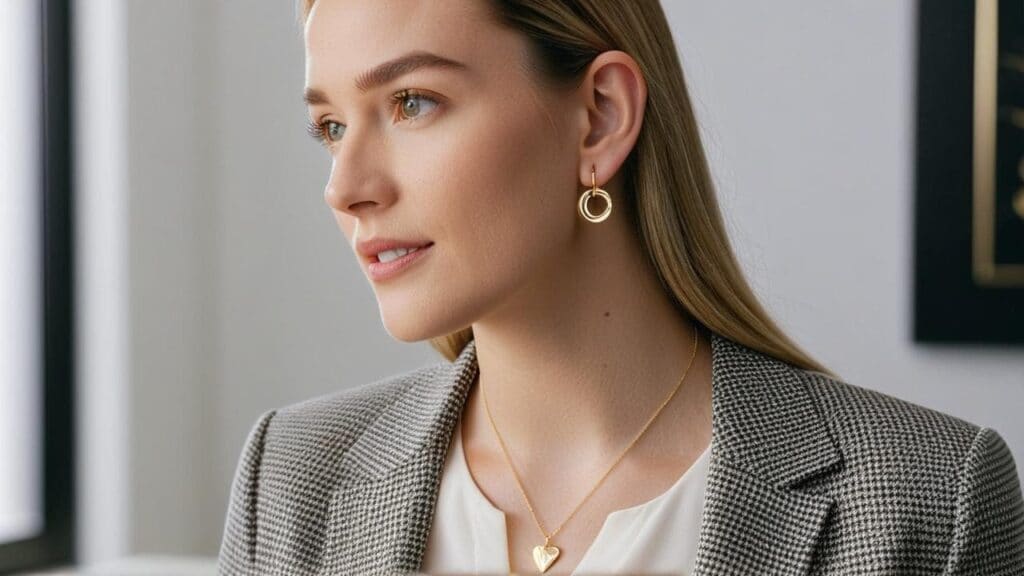 Elegant woman in a checkered blazer wearing circular gold earrings and a heart pendant necklace for business casual sophistication