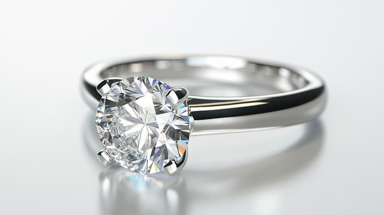 Classic round diamond solitaire engagement ring in white gold with four prongs