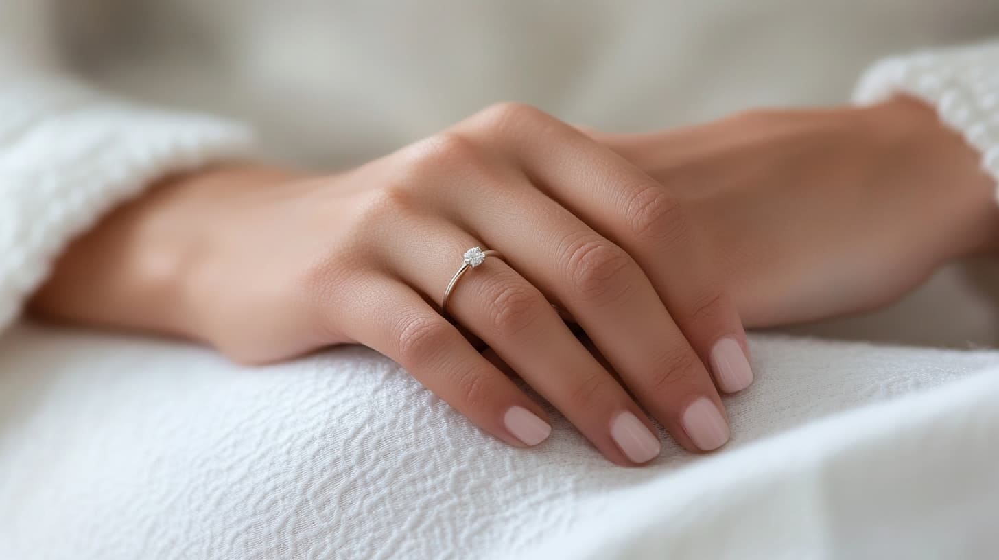 Woman's hand with a slim diamond solitaire ring resting on white fabric
