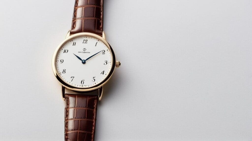 Classic gold dress watch with Arabic numerals, white dial, and brown alligator leather strap displaying traditional dress watch proportions and elegant design