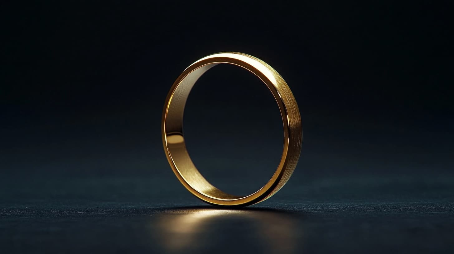 Plain gold wedding band standing on end against a dark background