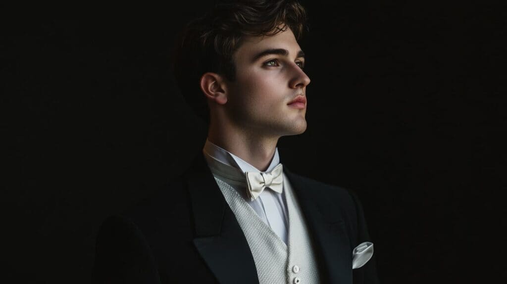 A distinguished gentleman in traditional white tie attire, featuring a black tailcoat, white waistcoat, and a perfectly tied bow tie.