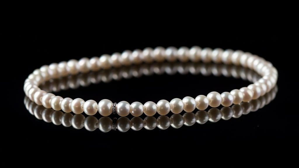 A classic pearl necklace displayed against a black reflective surface, highlighting its luster and elegance.