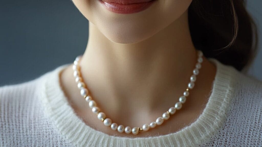 Elegant woman wearing a classic pearl necklace with gold accents, highlighting the refined beauty of fine jewelry.