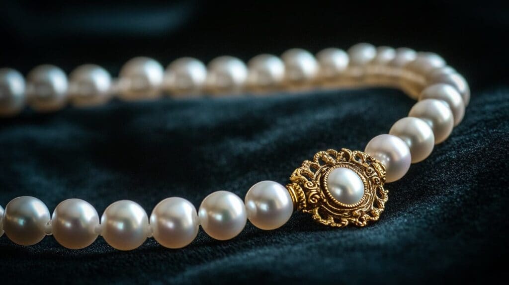 Classic pearl necklace with an ornate gold clasp, showcasing enduring elegance as a family heirloom.