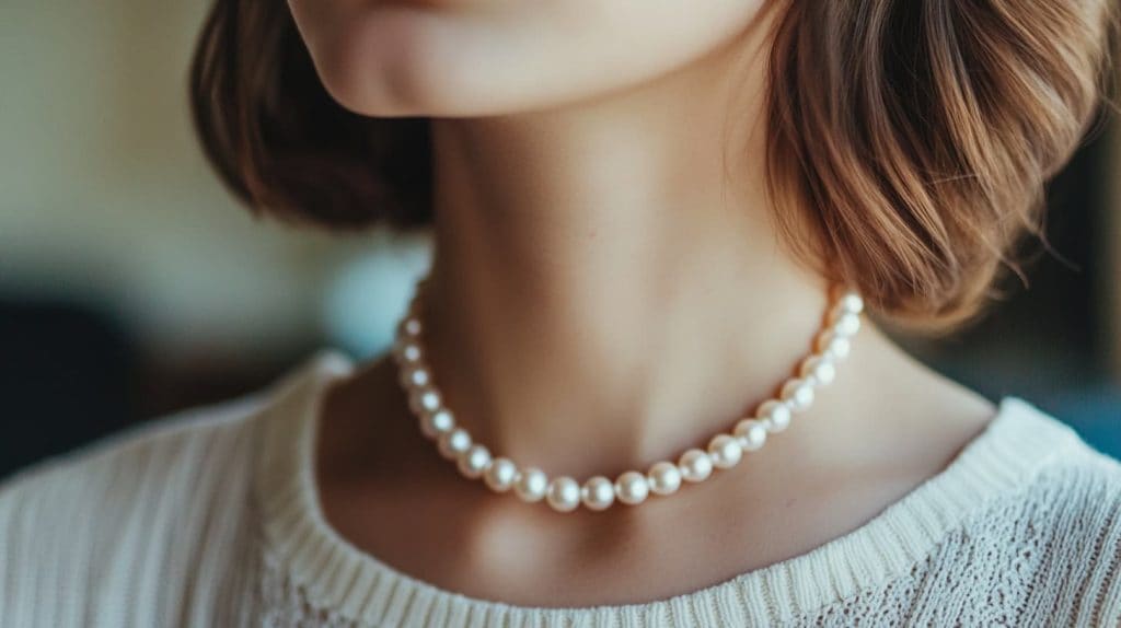 Close-up of a woman in a white knitted top adorned with a classic single-strand pearl necklace, showcasing understated sophistication.