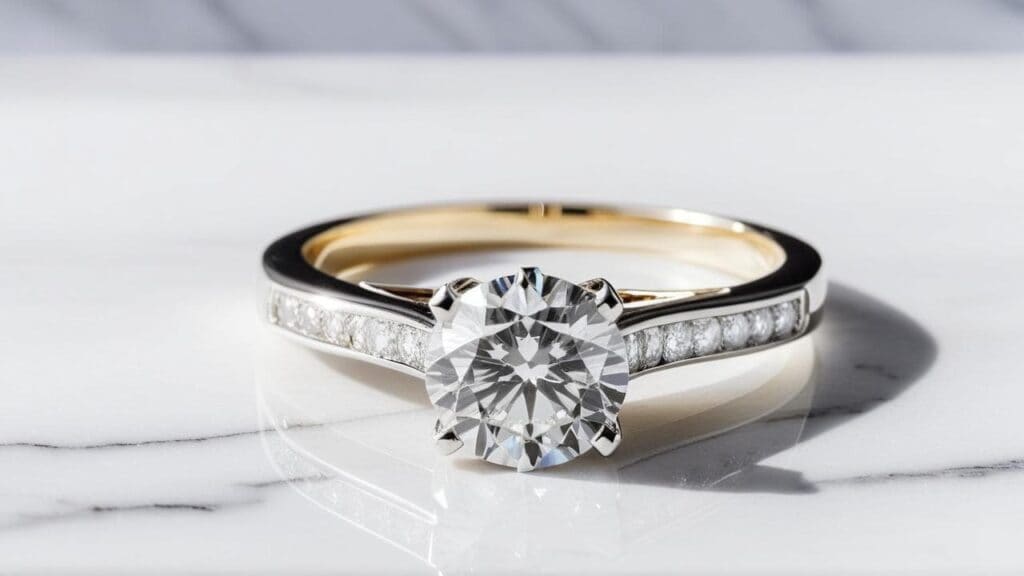 Classic solitaire engagement ring with round brilliant diamond in white gold setting, example of top-heavy ring that may require spinning prevention solutions