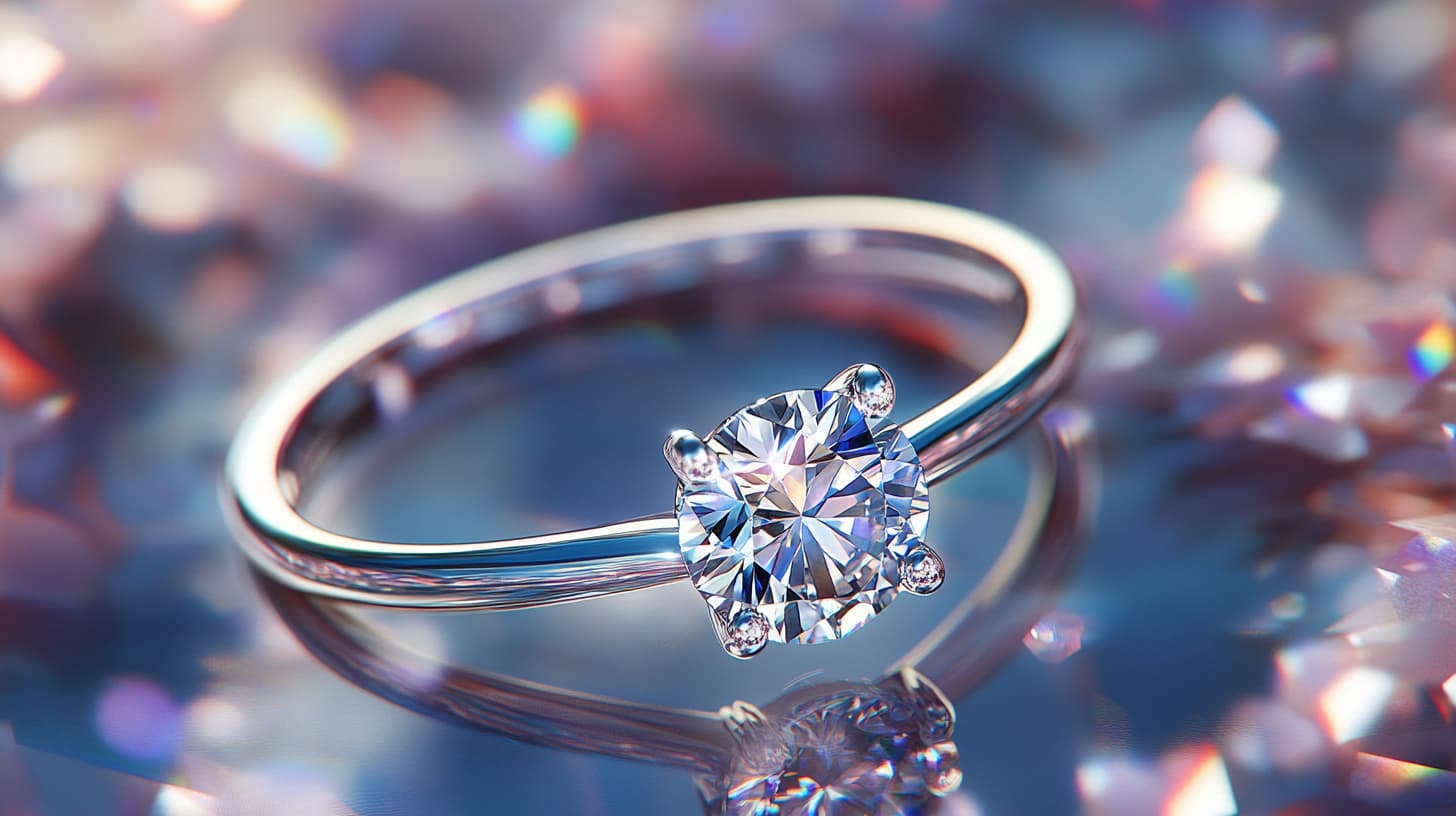 Solitaire engagement ring with a round diamond in four prongs amid sparkling bokeh