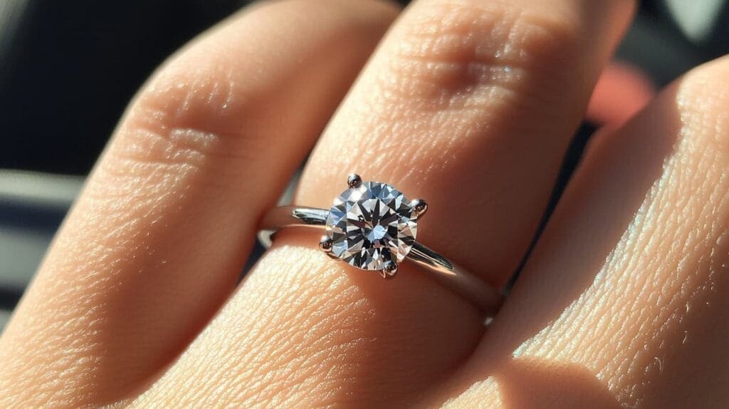 Classic solitaire ring with a round diamond on a woman's hand, sparkling in sunlight, highlighting the ring’s simplicity and brilliance.