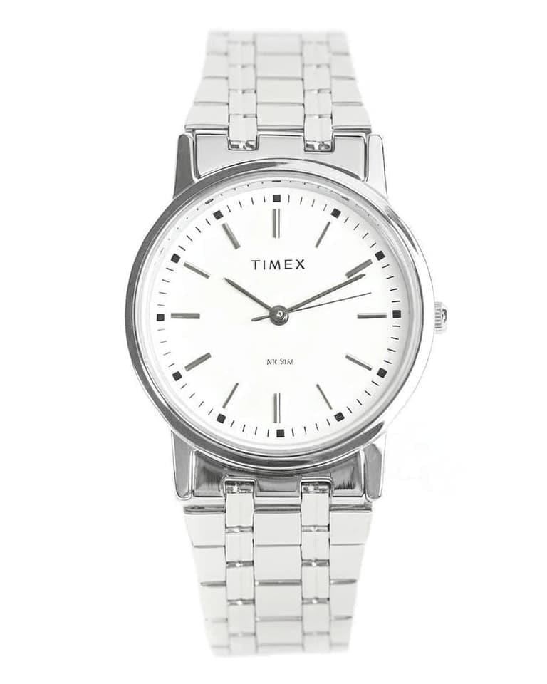 Classic Timex dress watch with white dial and stainless steel bracelet showing elegant minimalist design