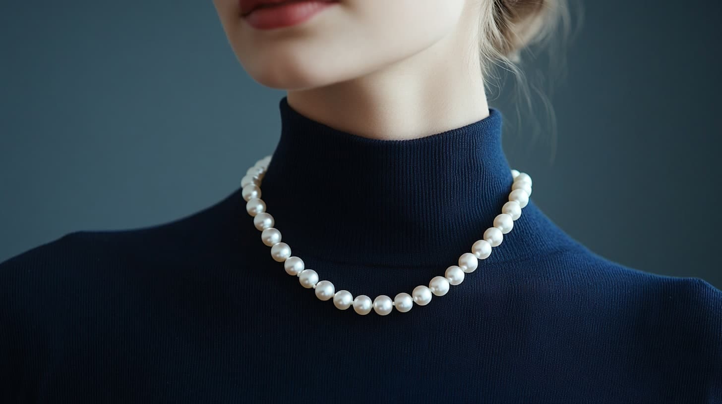 Woman in a navy turtleneck wearing a single strand of white pearls