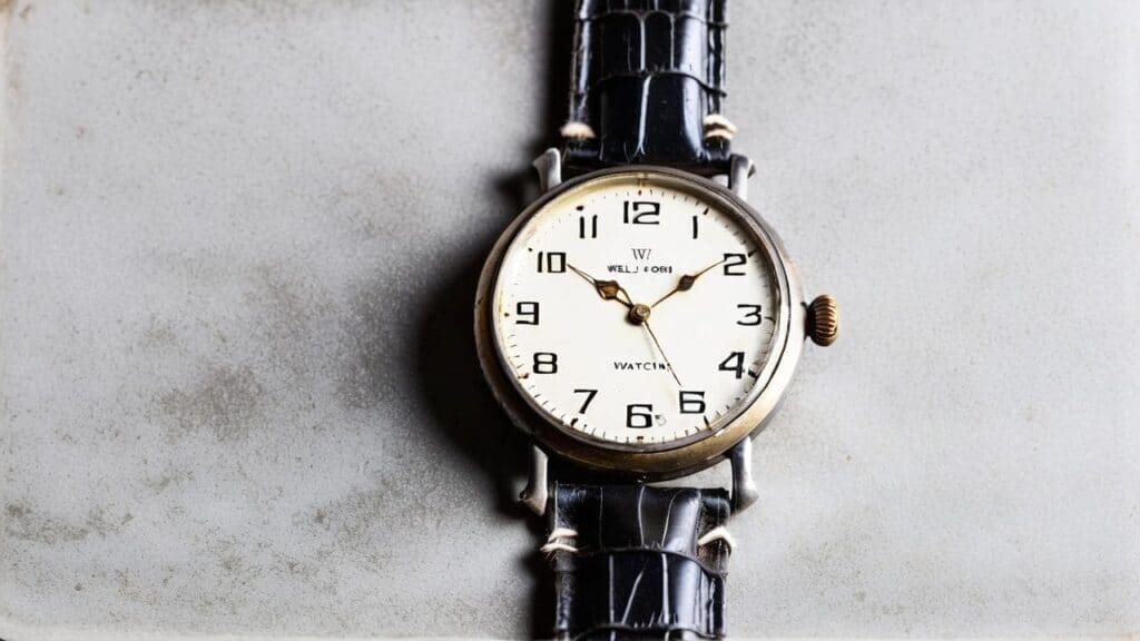 Classic vintage watch with steel case, white dial, and black leather strap showing the character and wear of a treasured family heirloom