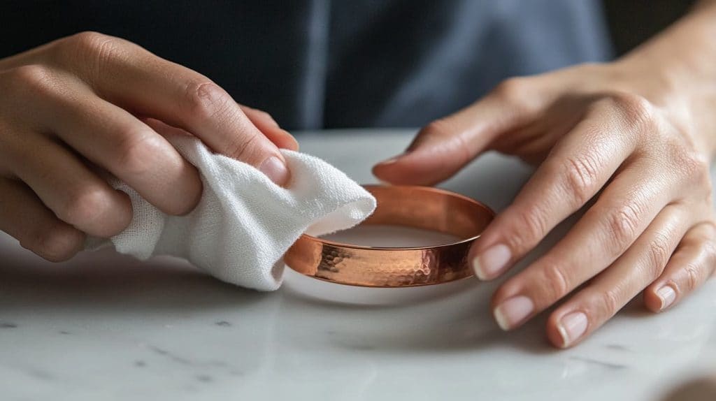 Hands cleaning a copper bracelet using a soft microfiber cloth, showing a gentle polishing technique for maintaining jewelry.