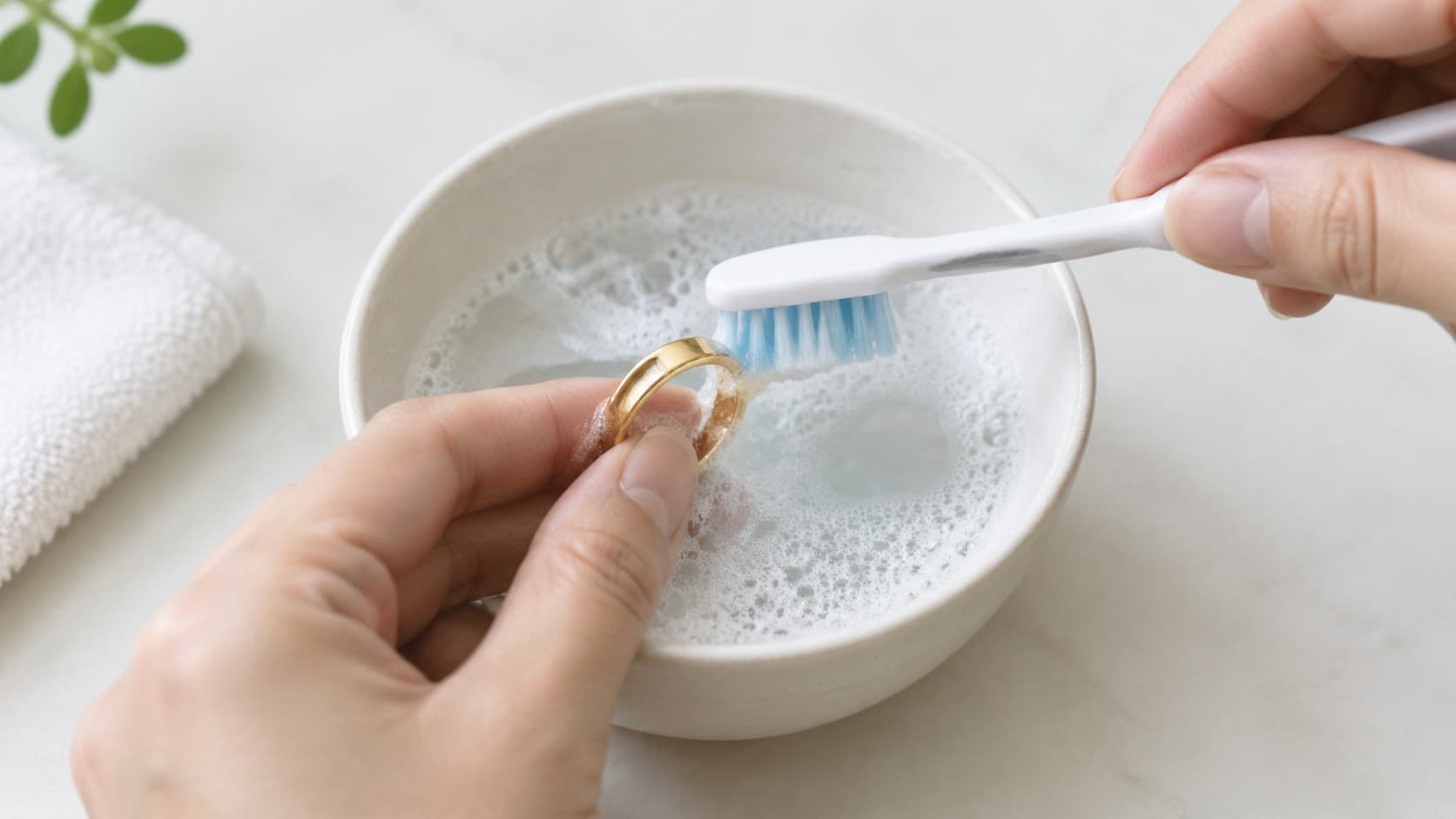 Gold ring being cleaned with a soft toothbrush in a bowl of soapy water