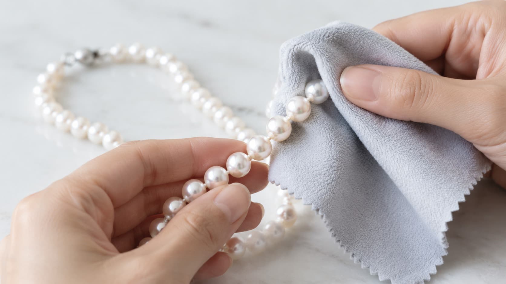 Hands cleaning a pearl necklace with a soft microfiber cloth