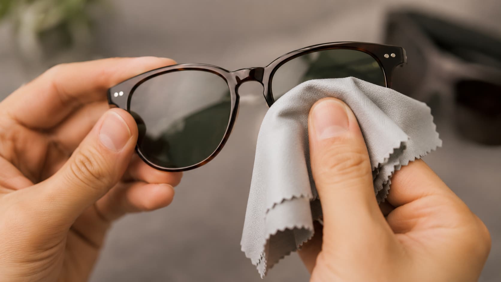 Cleaning a sunglasses lens with a microfiber cloth