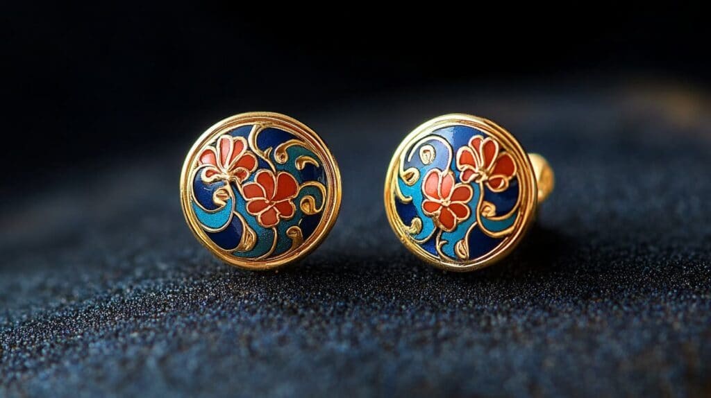 Cloisonné enamel cufflinks with intricate red floral patterns and gold accents