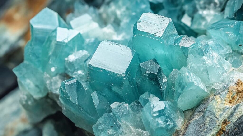 Close-up of Boracite crystals displaying a distinct cubic structure and vivid blue-green transparency, with intricate surface details highlighted.