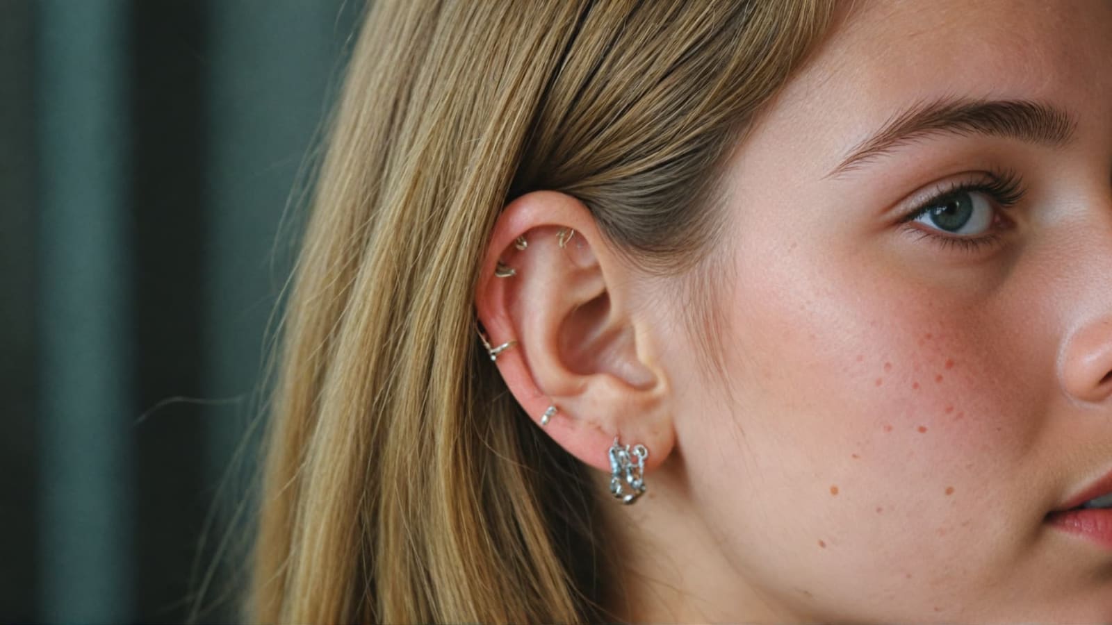 Girl's ear with multiple cartilage and lobe piercings wearing silver hoops and studs
