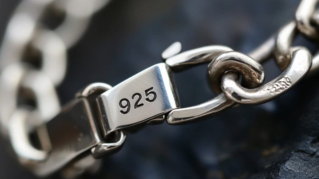 Close-up of a sterling silver chain clasp featuring a prominent 925 stamp, symbolizing genuine silver purity.