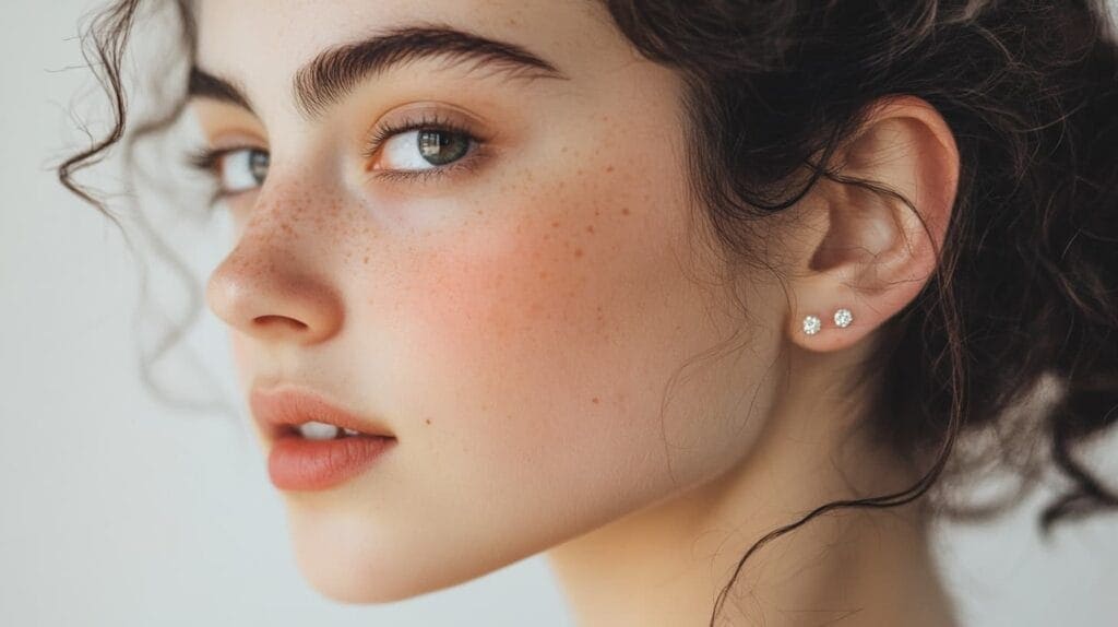 Woman with healthy pierced ears wearing small diamond stud earrings showing proper piercing care