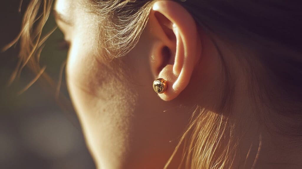 Close-up of a woman wearing a gold flat back earring, illustrating the comfort and minimalist design of flat back earrings.