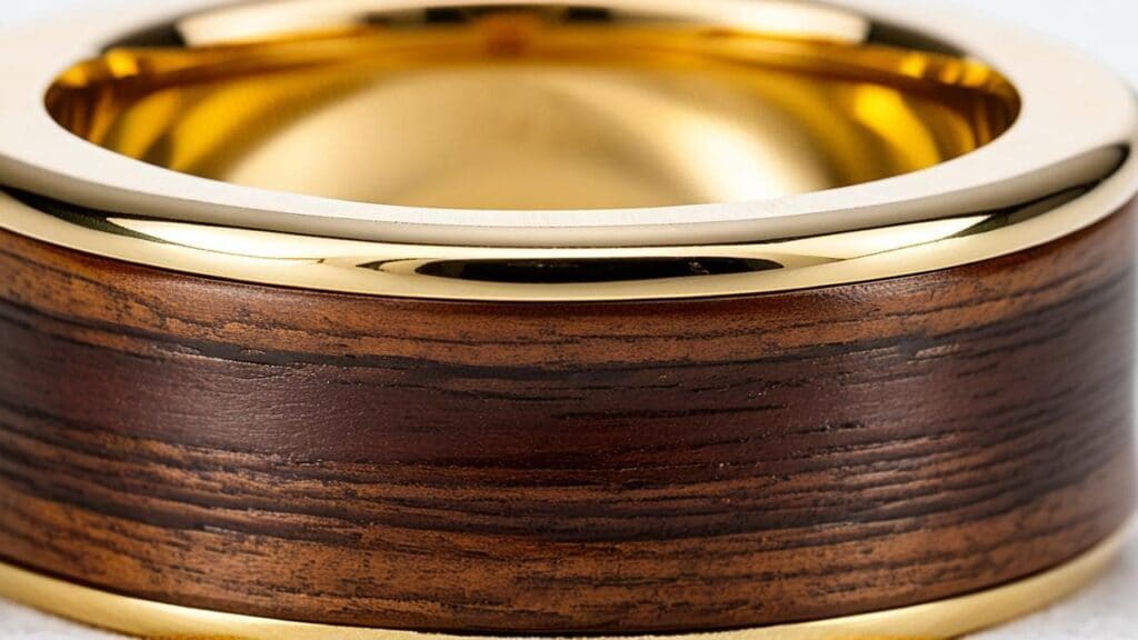 Macro close-up of a wood inlay ring, highlighting the delicate natural material that prevents traditional resizing