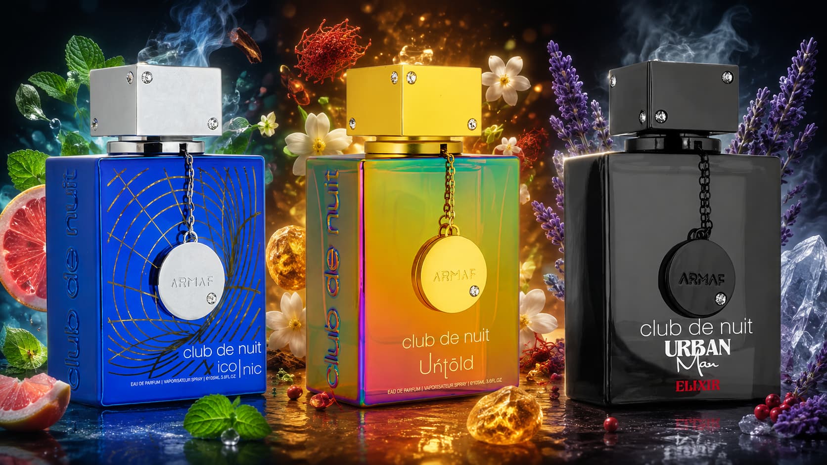 Armaf Club de Nuit Blue Iconic, Untold, and Urban Man Elixir bottles side by side