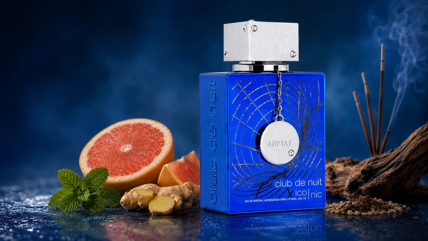 Armaf Club de Nuit Blue Iconic bottle with grapefruit, mint, ginger, and incense