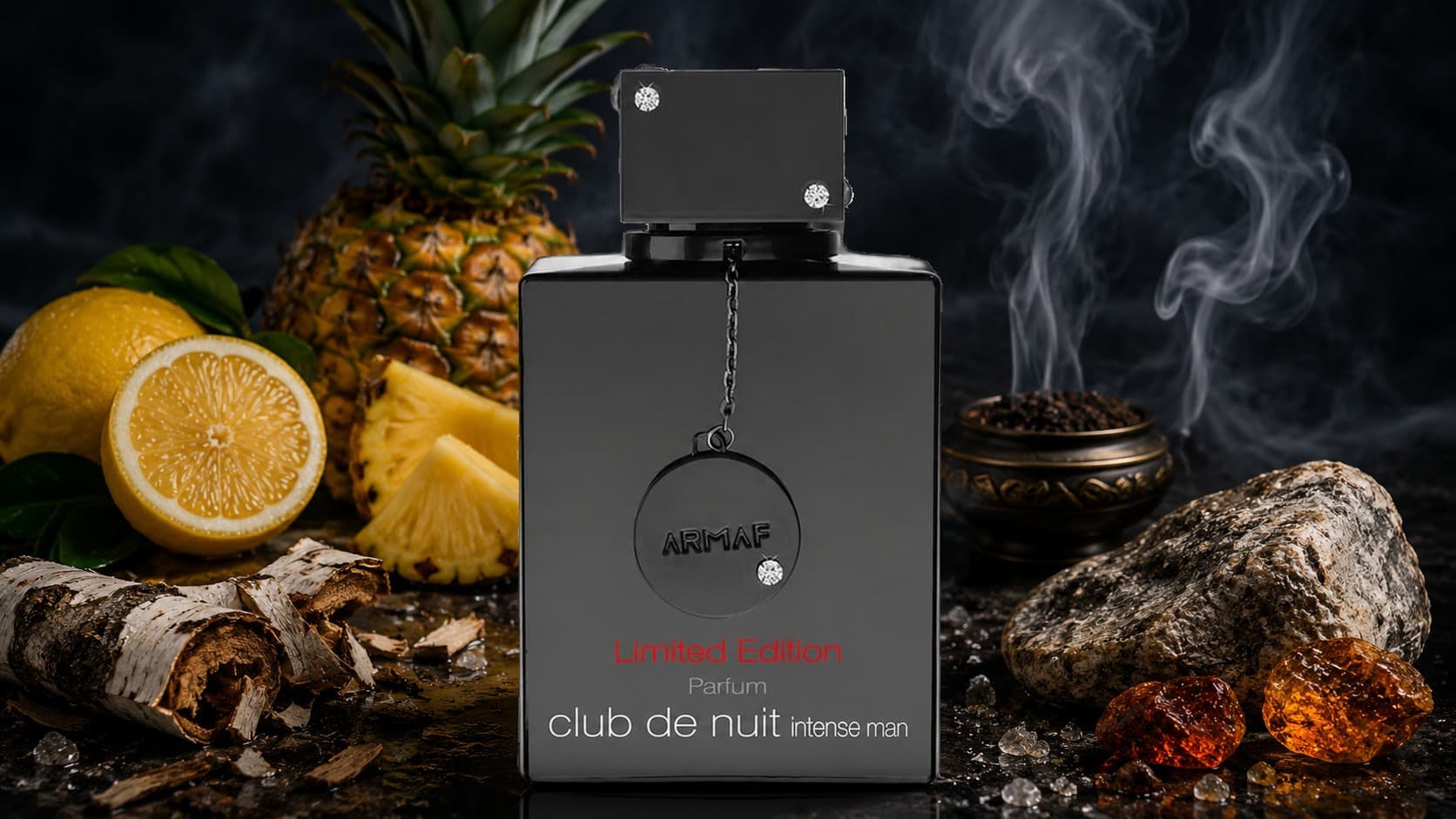 Armaf Club de Nuit Intense Man Limited Edition Pure Parfum bottle with lemon, pineapple, birch, and smoky incense