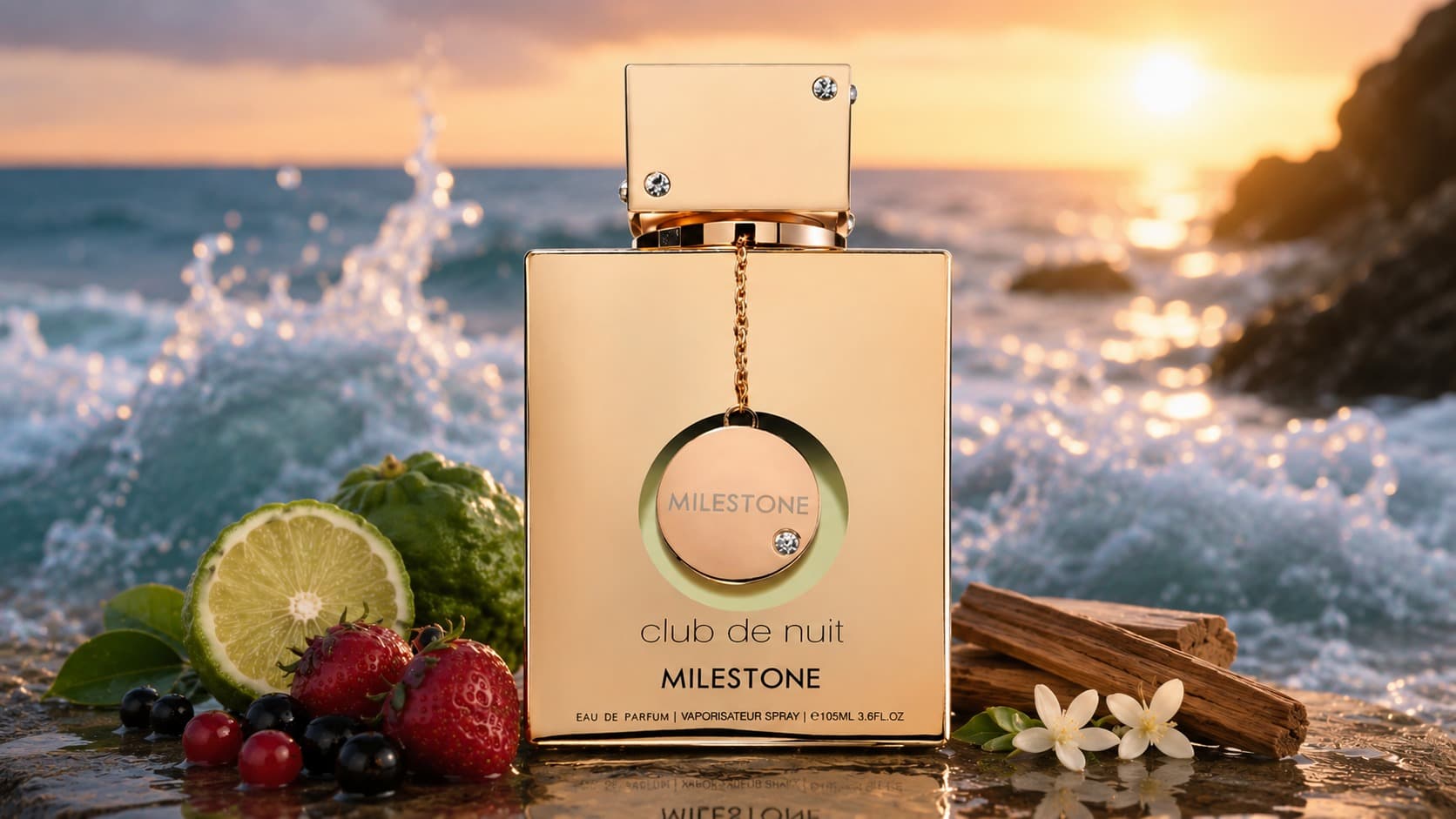 Armaf Club de Nuit Milestone bottle with sea notes, red fruits, bergamot, and sandalwood