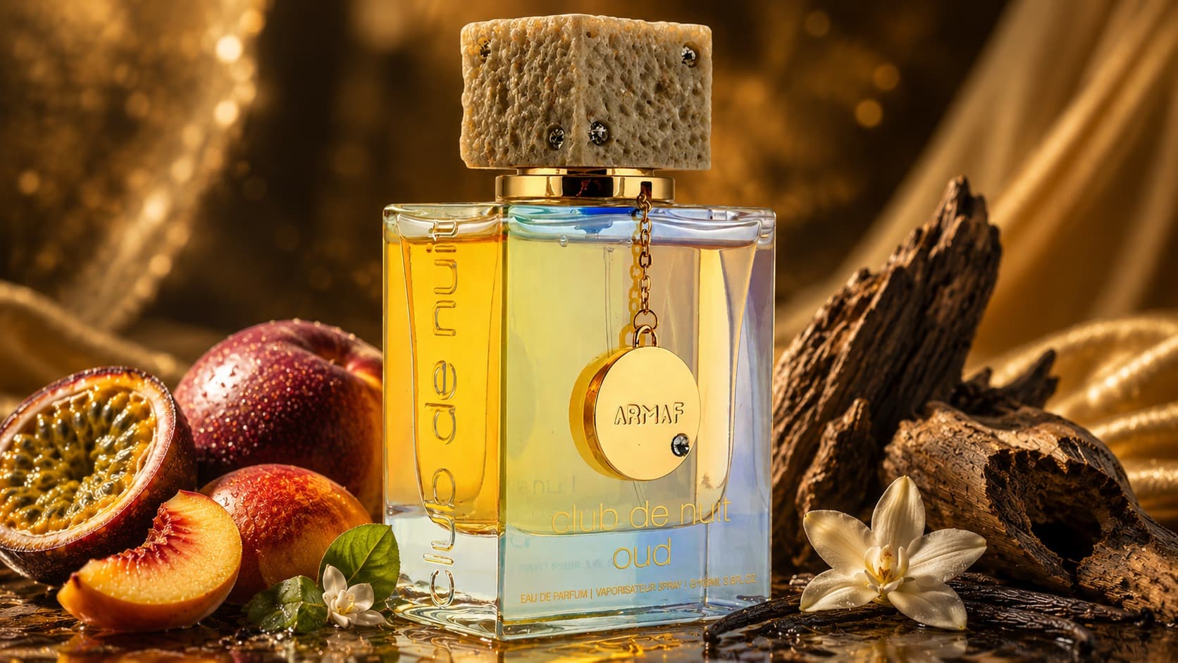 Armaf Club de Nuit Oud bottle with passionfruit, peach, oud, and vanilla