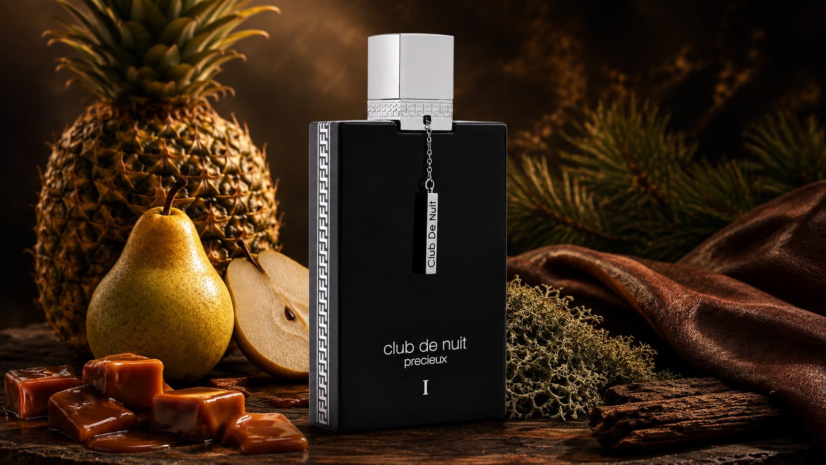 Armaf Club de Nuit Precieux I bottle with pineapple, pear, caramel, and oakmoss