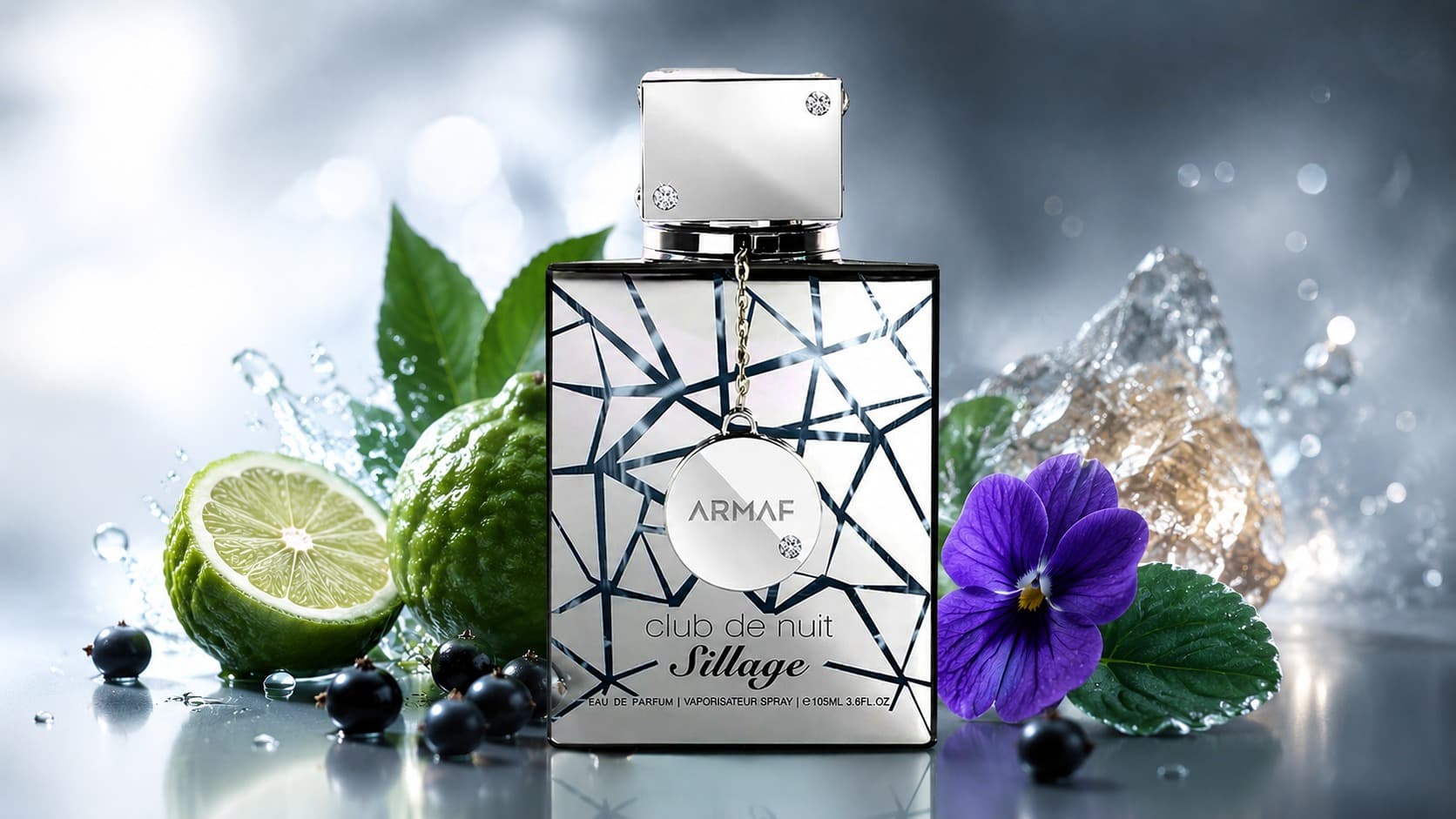 Armaf Club de Nuit Sillage bottle with bergamot, black currant, violet leaf, and ambroxan