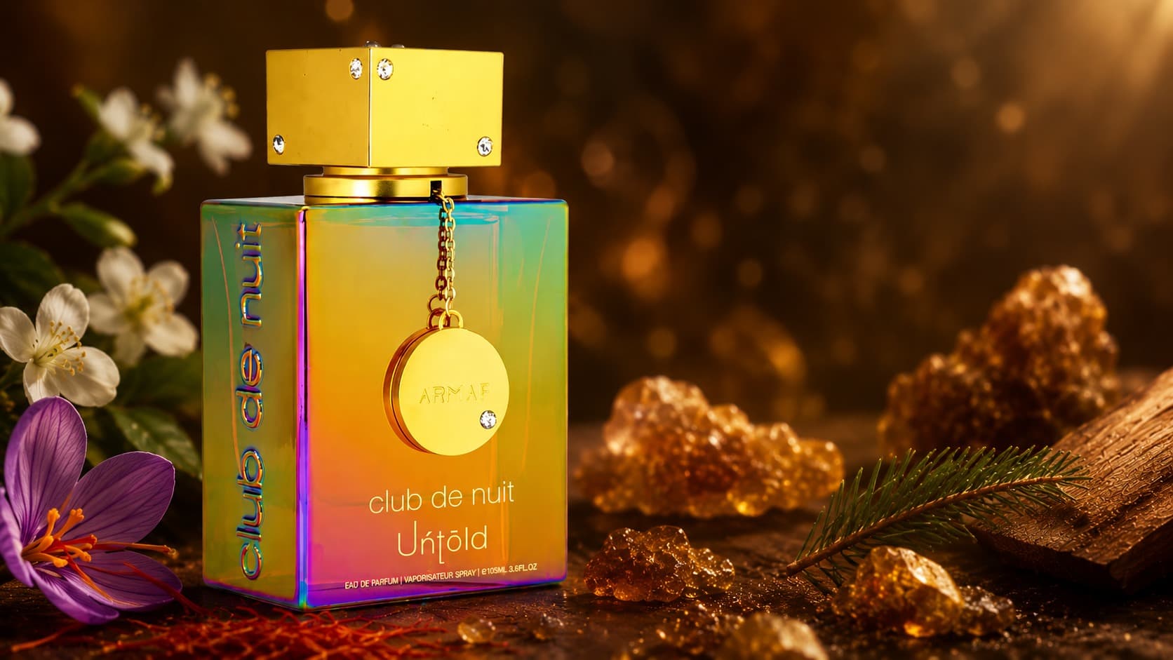 Armaf Club de Nuit Untold bottle with saffron, jasmine, amberwood, and fir resin