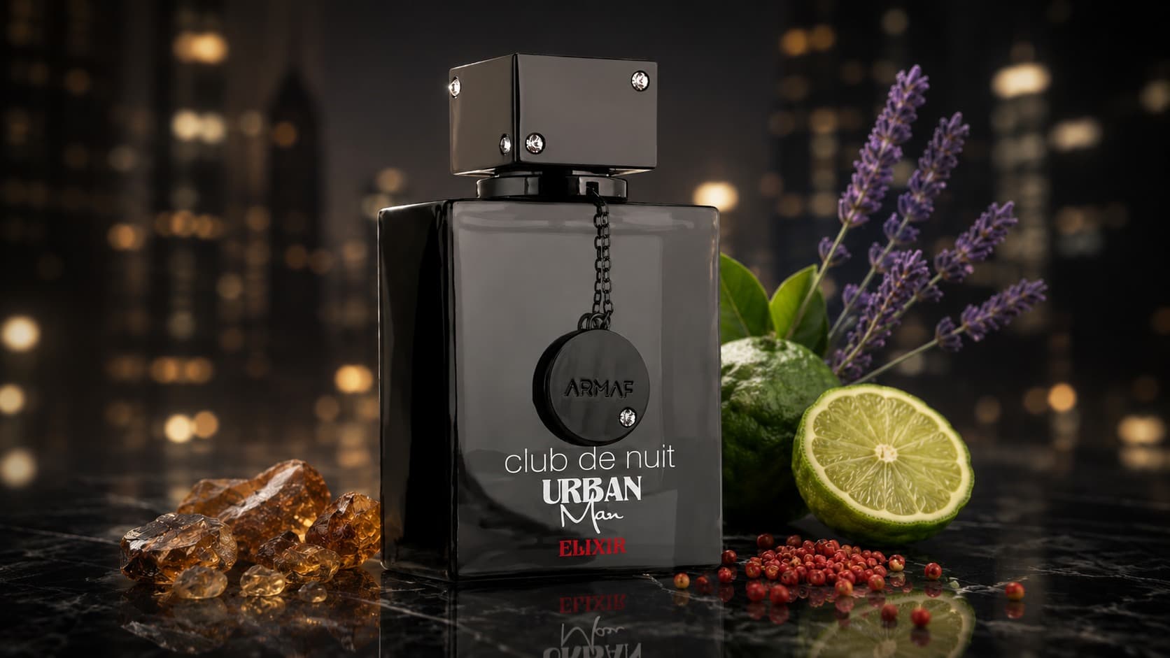 Armaf Club de Nuit Urban Man Elixir bottle with bergamot, lavender, pink pepper, and ambroxan