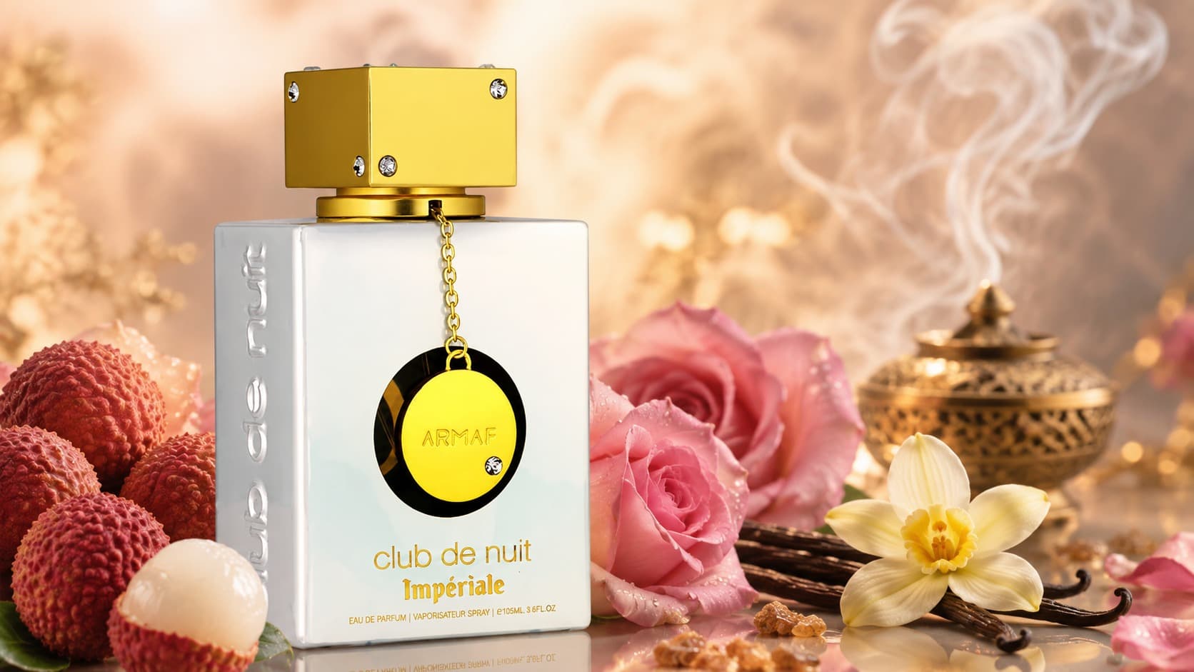 Armaf Club de Nuit White Imperiale bottle with litchi, Turkish rose, vanilla, and incense