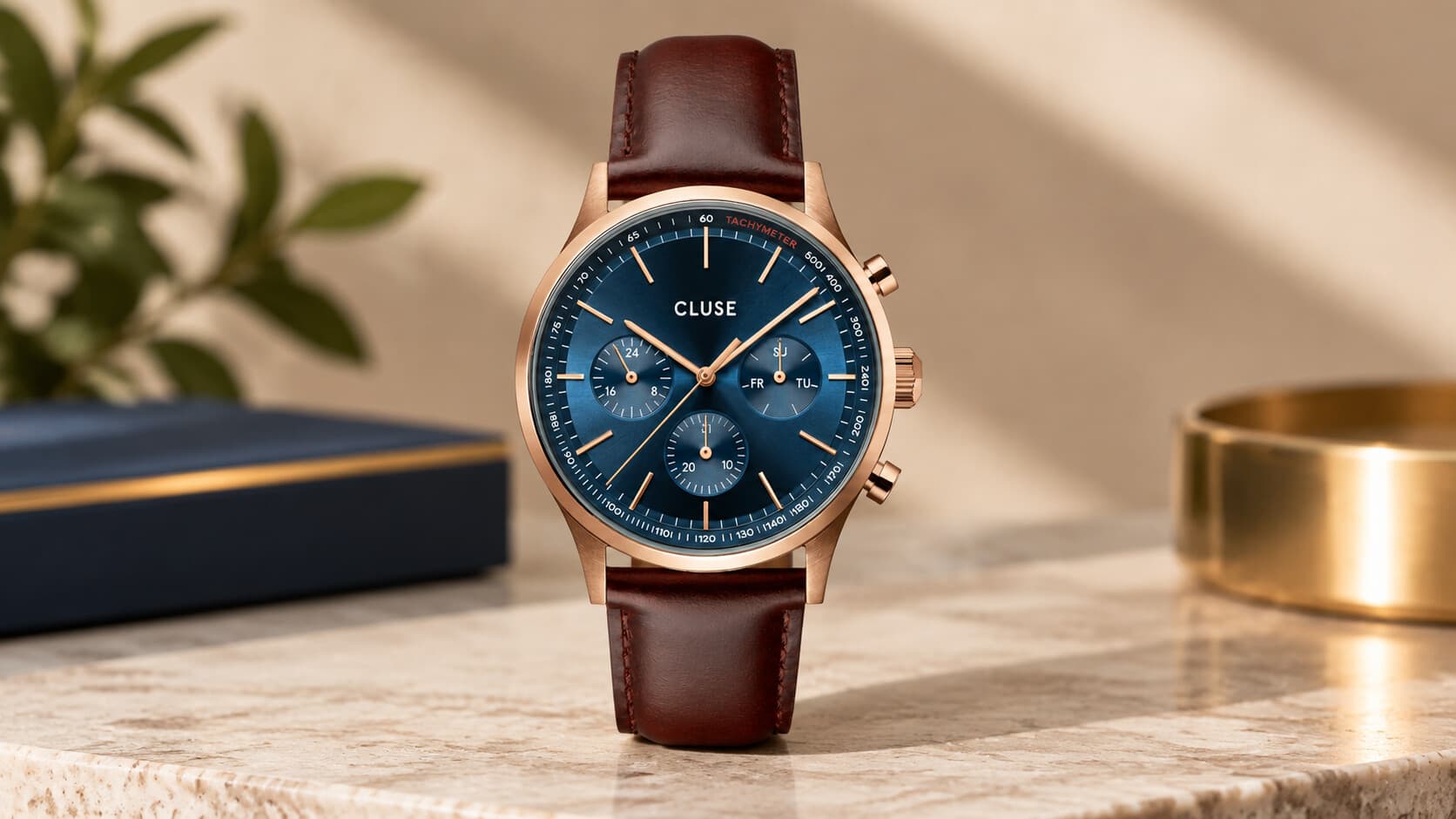 Cluse Anthéor multifunction watch with blue dial and brown leather strap in rose gold