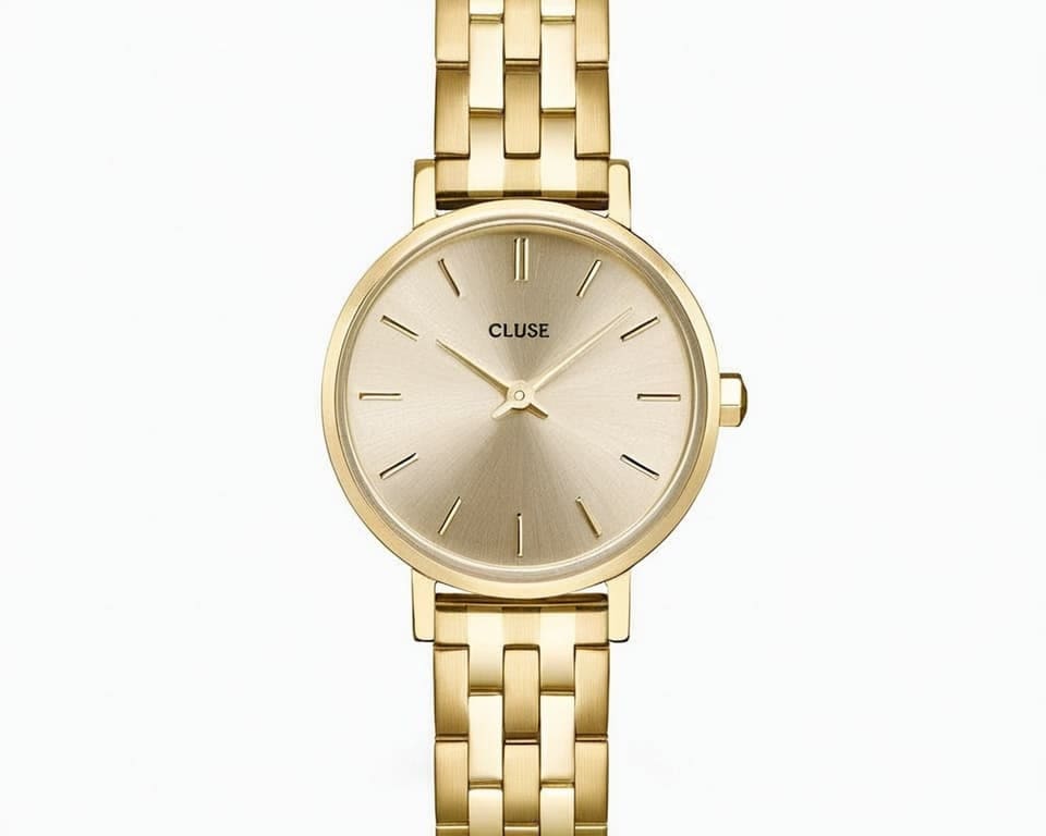 Minimalist Cluse watch in gold with champagne dial and link bracelet