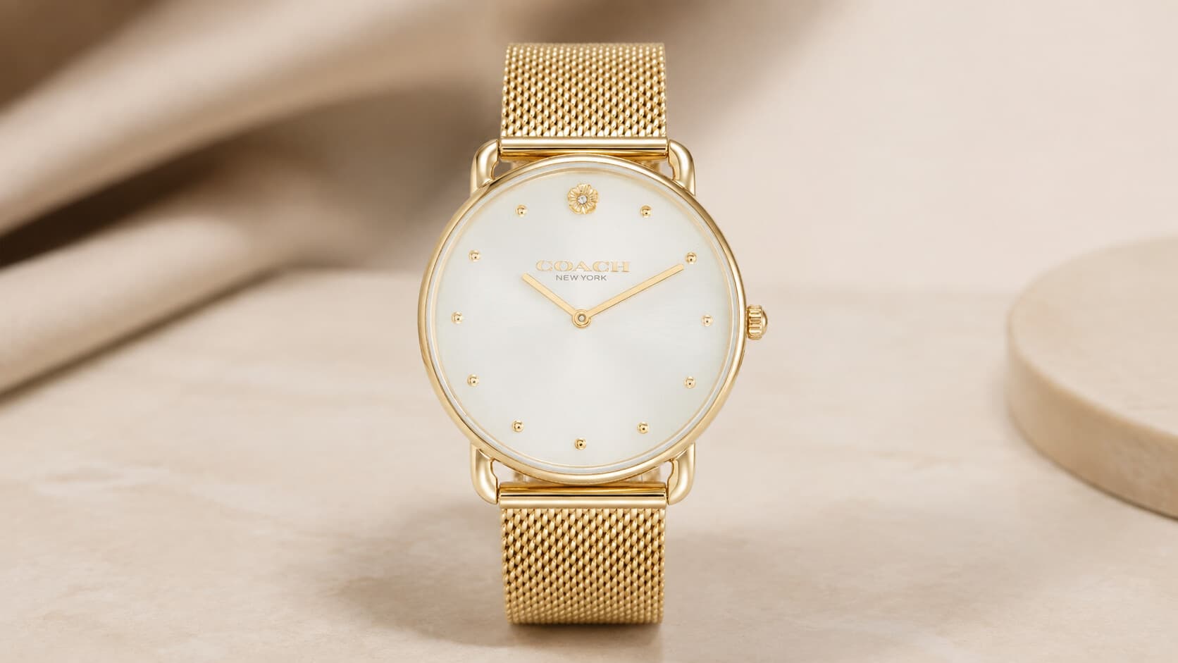 Coach Elliot gold mesh watch with mother-of-pearl dial
