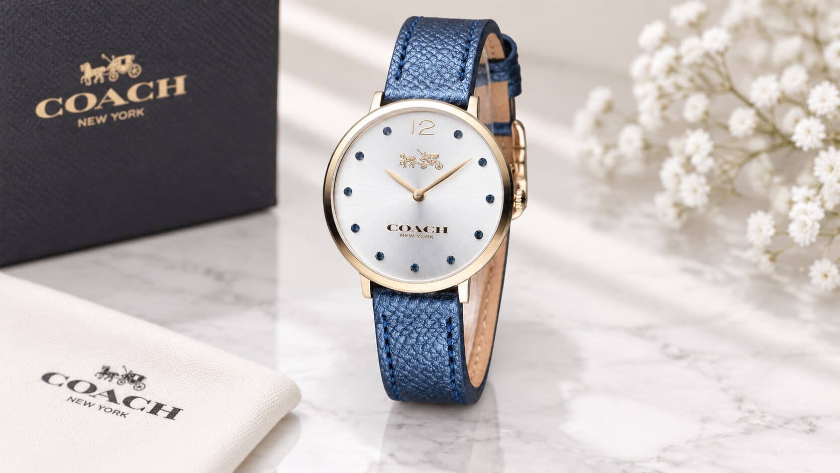 Coach Slim Easton silver dial watch with blue leather strap for women