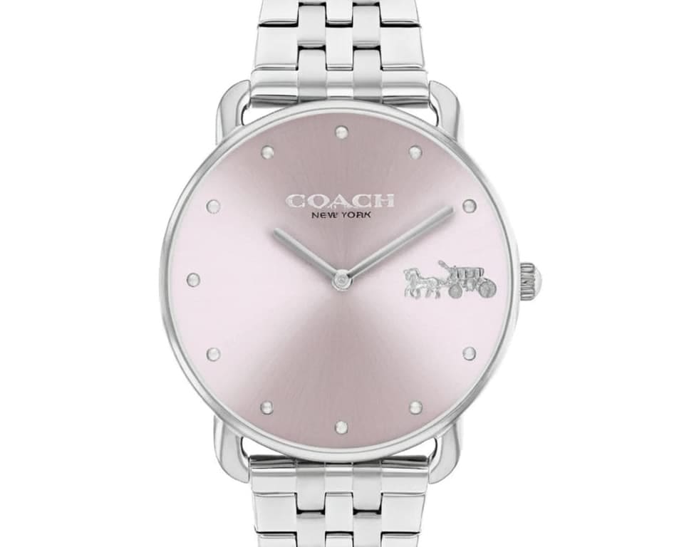 Coach women's steel watch with pink dial and horse-and-carriage logo