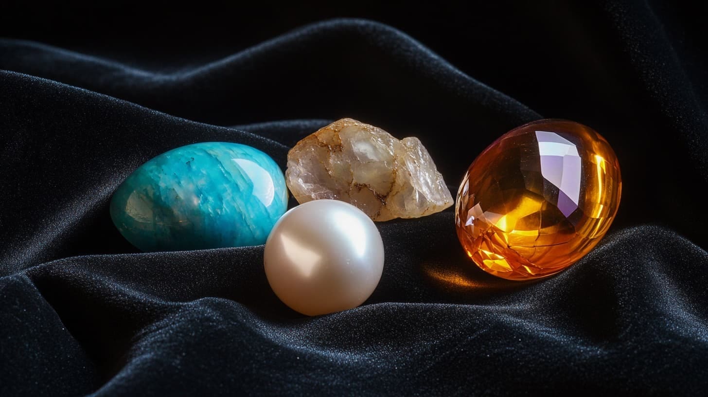 Turquoise, rough quartz, a white pearl and polished amber on black velvet